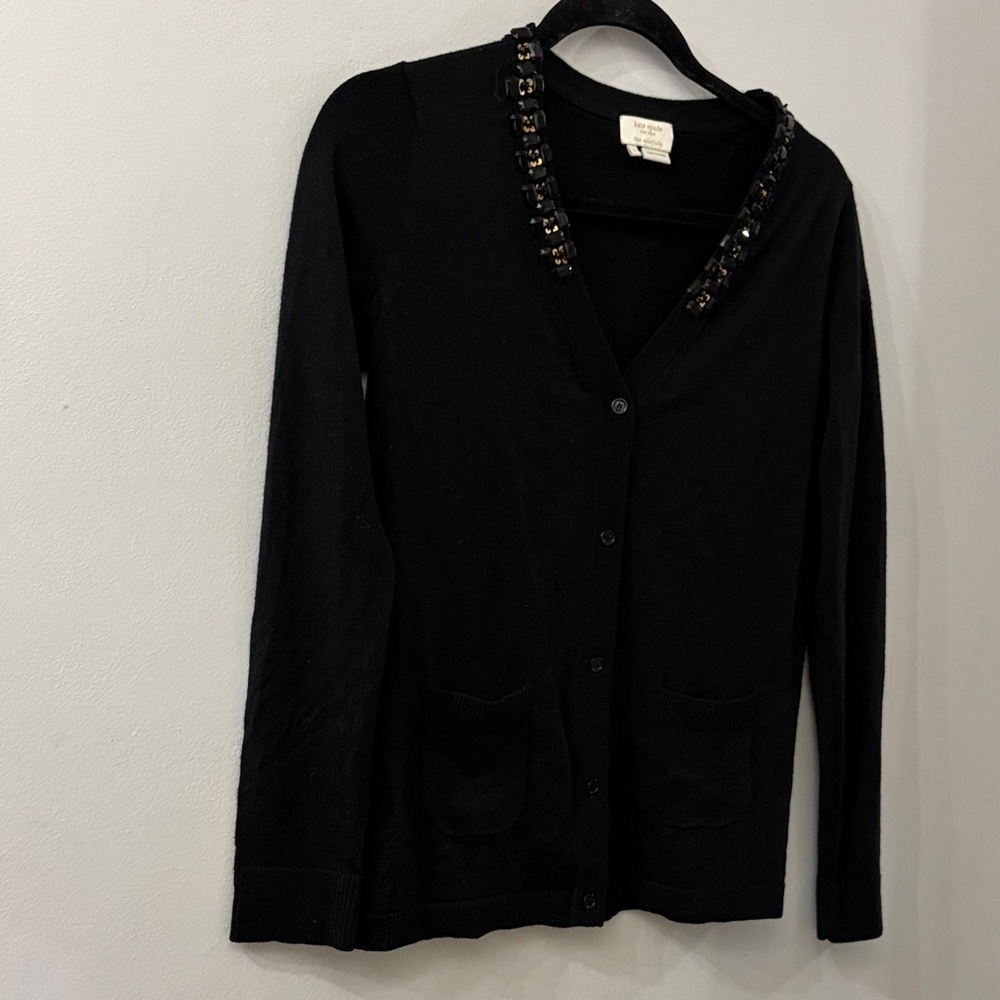 Kate Spade Black Cardigan with Beaded Trim - 100% wool - women’s small
